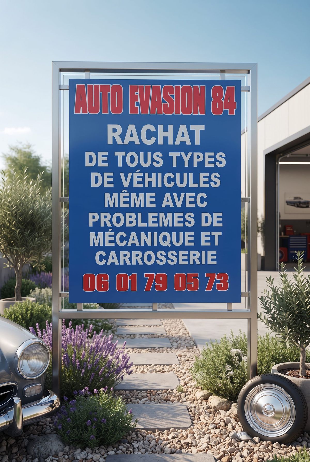 Panneau Auto Évasion 84 annonçant le rachat de tous types de véhicules, même avec problèmes de mécanique et de carrosserie